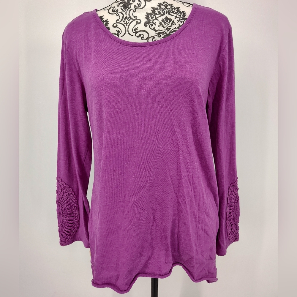 Bit & Bridle Women's Long Sleeve Top With Pockets And Lace- Purple Size Medium